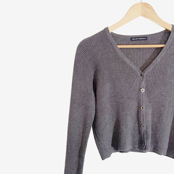 BRANDY MELVILLE Gray Cotton Ribbed Knit Cropped Cardigan Sweater / size Small - Picture 2 of 4